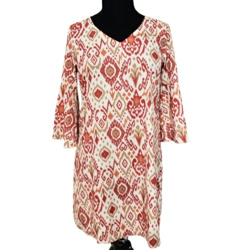 NWT Ikat Print V Neck 3/4 Bell Sleeve ‎ Sheath Dress Size SmallUn
